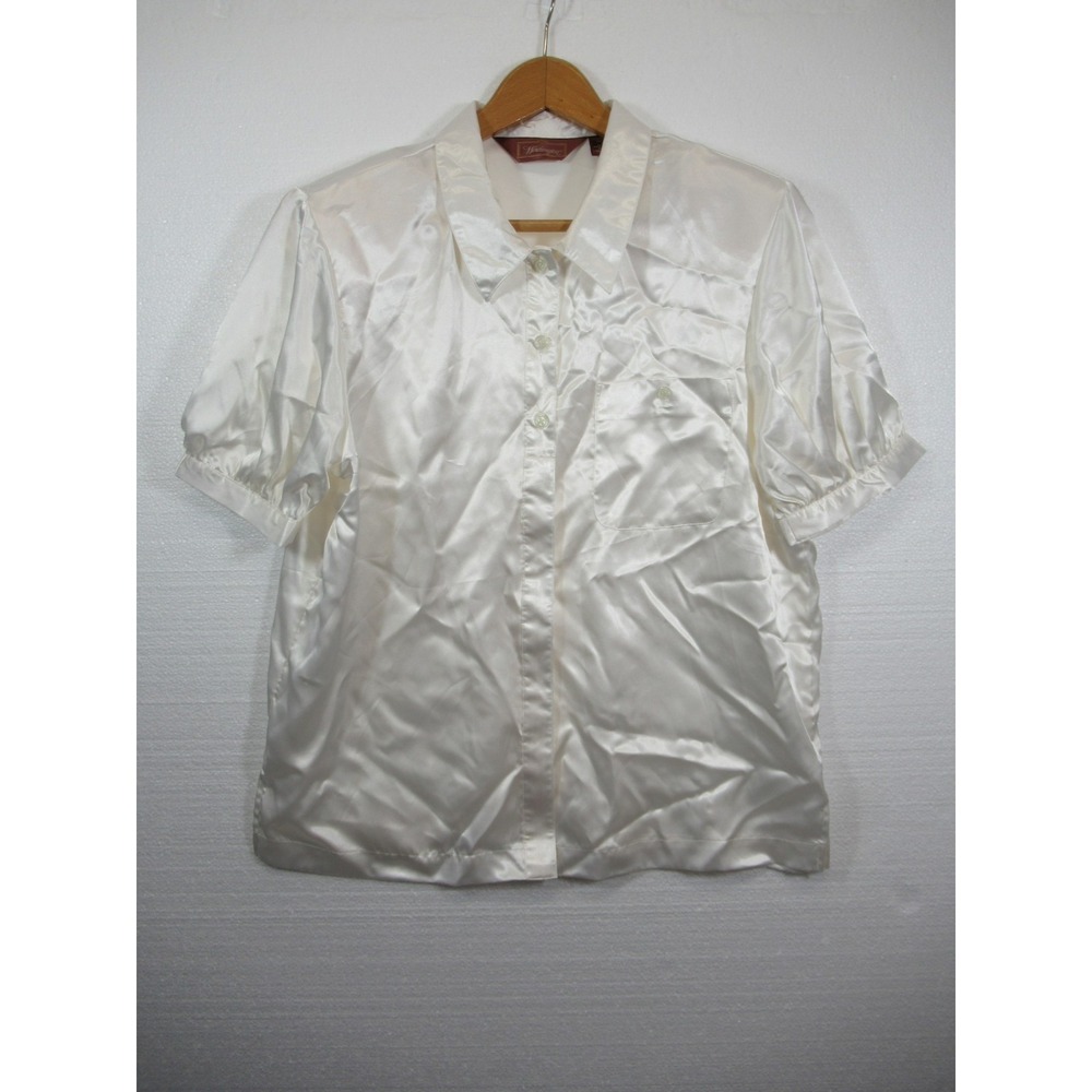 Vintage 90s Worthington Shiny Satin Secretary Blouse Women 14 Ivory Short Sleeve